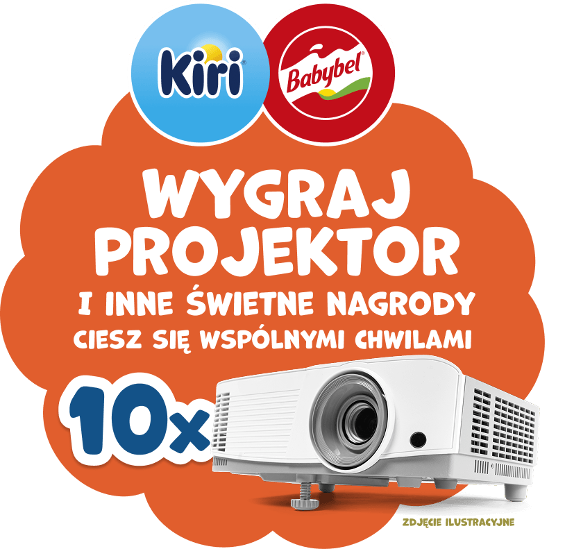 Logo Kiri® i Babybel®. Niżej, na pomarańczowej chmurce napis: 'Wygraj projektor i inne świetne nagrody' oraz 'Ciesz się wspólnymi chwilami'. Na dole projektor multimedialny z dużym obiektywem i napisem: '10x'.