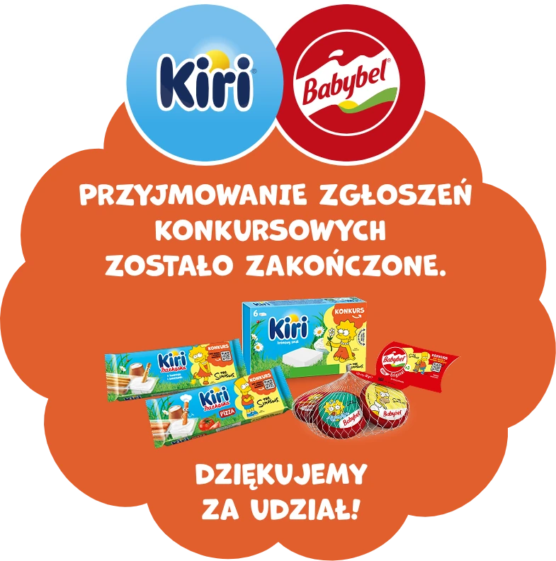 Grafika konkursowa z logami Kiri® i Babybel®, z informacją o zakończeniu przyjmowania zgłoszeń oraz podziękowaniem za udział, z widocznymi packshotami serów.