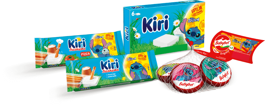 Trzy opakowania serków Kiri w ze Stitchem oraz paczka Babybel w siatce
